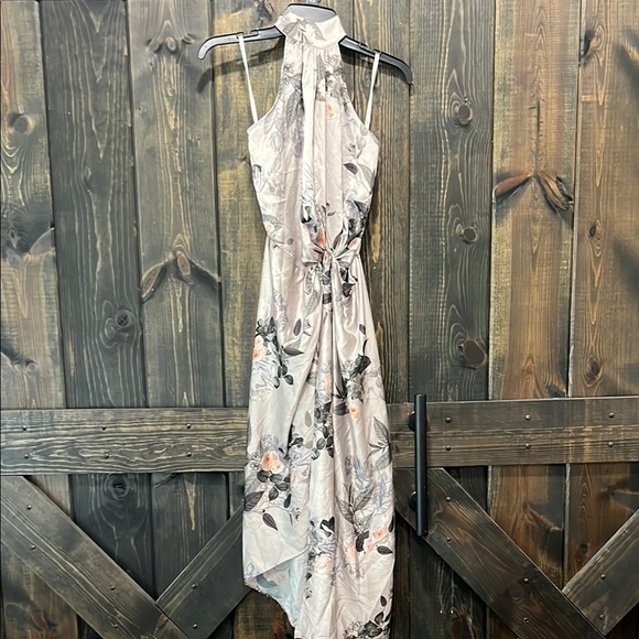 Sheike Halter Dress 8 Grey Silver Floral Satin Maxi Midi Boho Open Back Tie - Picture 1 of 11